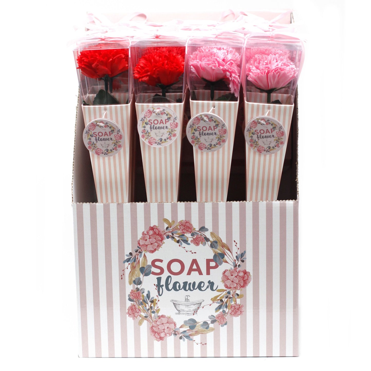 Packaged soap flowers in red and pink with a decorative box label.