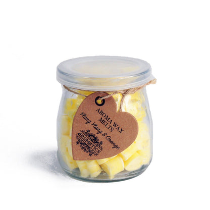 Glass jar of Ylang Ylang & Orange Aroma Wax Melts with heart-shaped soy wax pieces