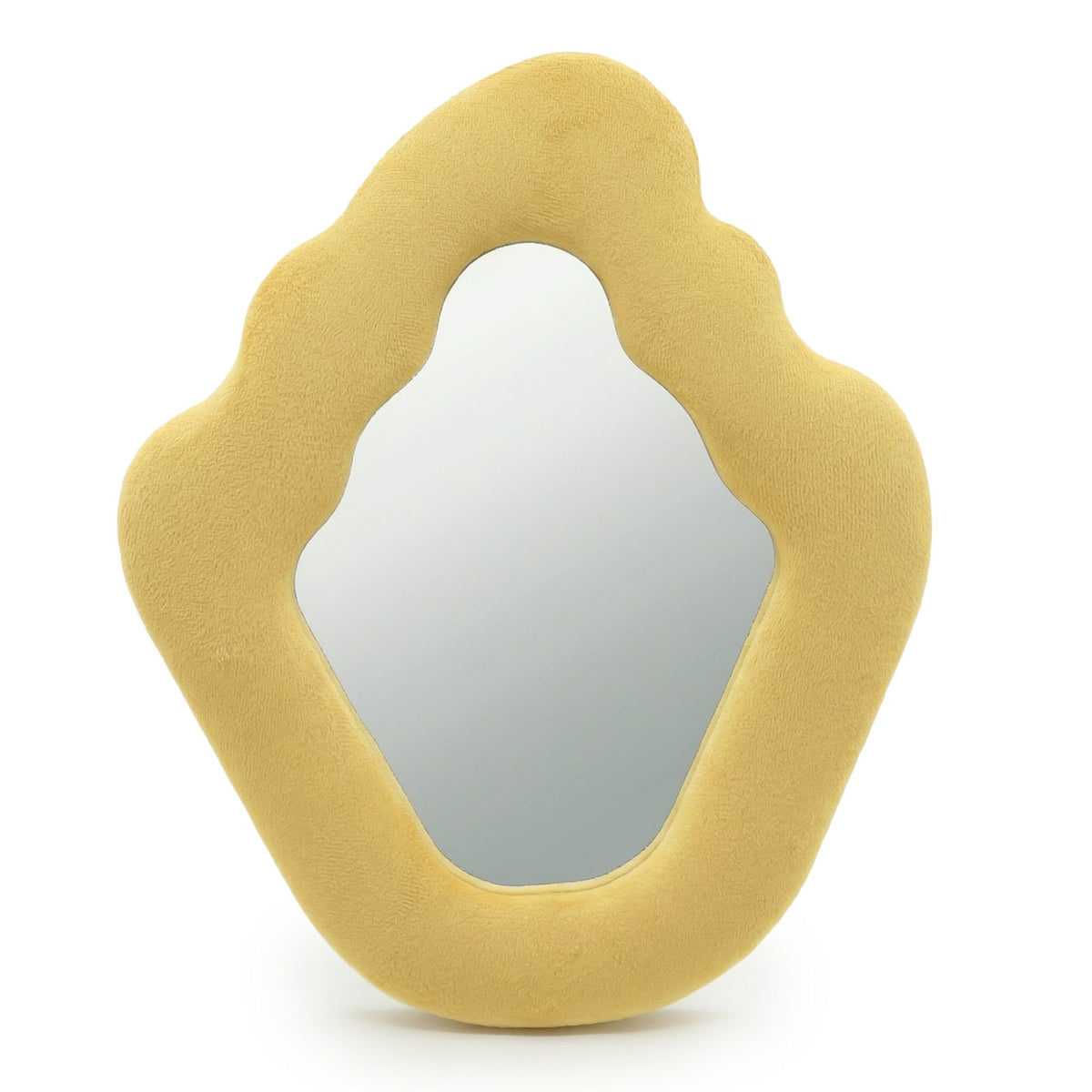 Soft squiggly mirror in vibrant marigold velvet frame with gentle wavy edges