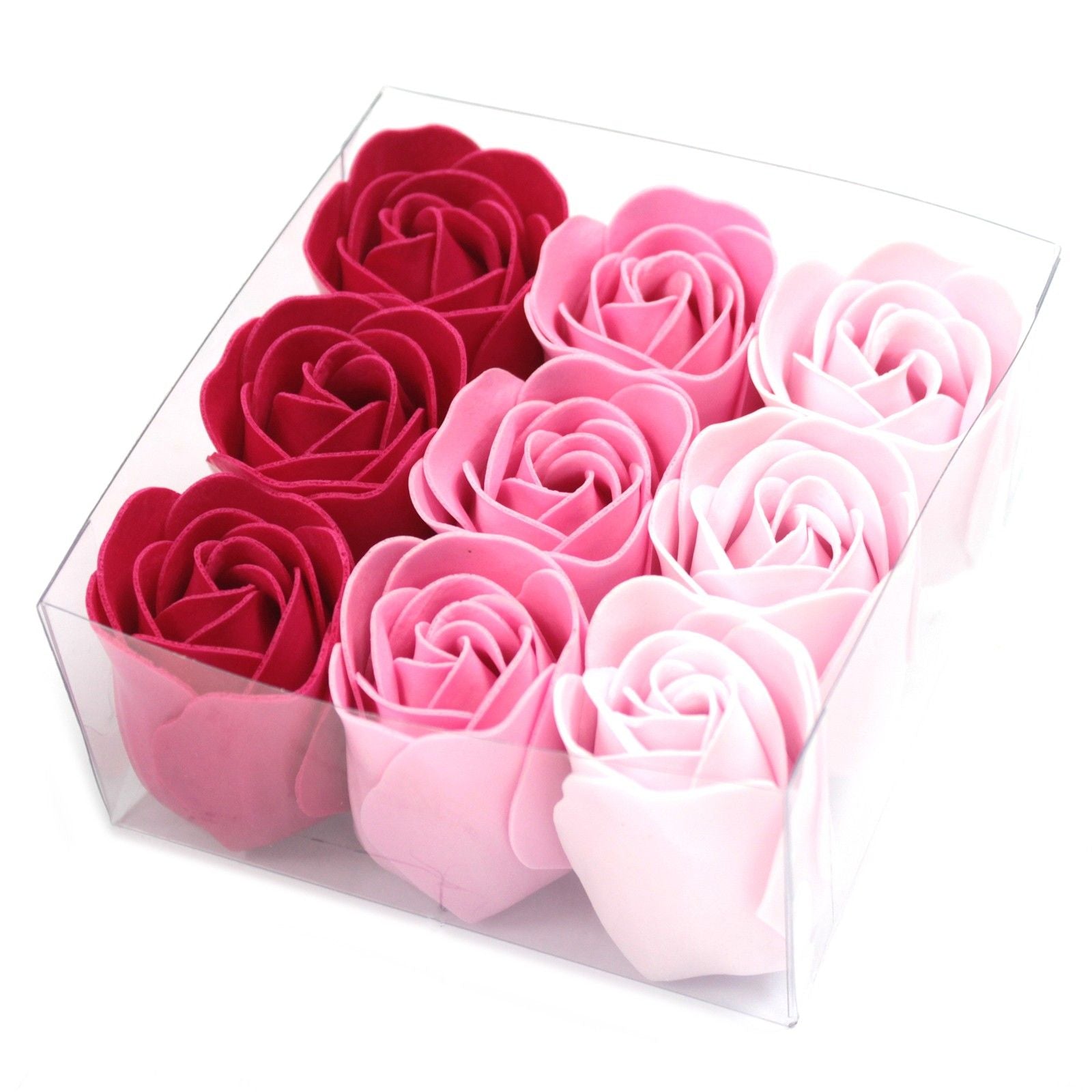 Set of 9 luxury pink rose soap flowers with realistic petal details, artistically arranged in elegant gift packaging, ready for bath use or decorative display