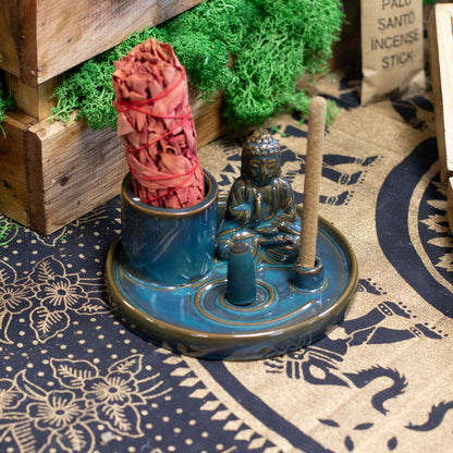 Deep blue ceramic Buddha incense plate with seated Buddha figure, integrated holders for incense sticks & cones