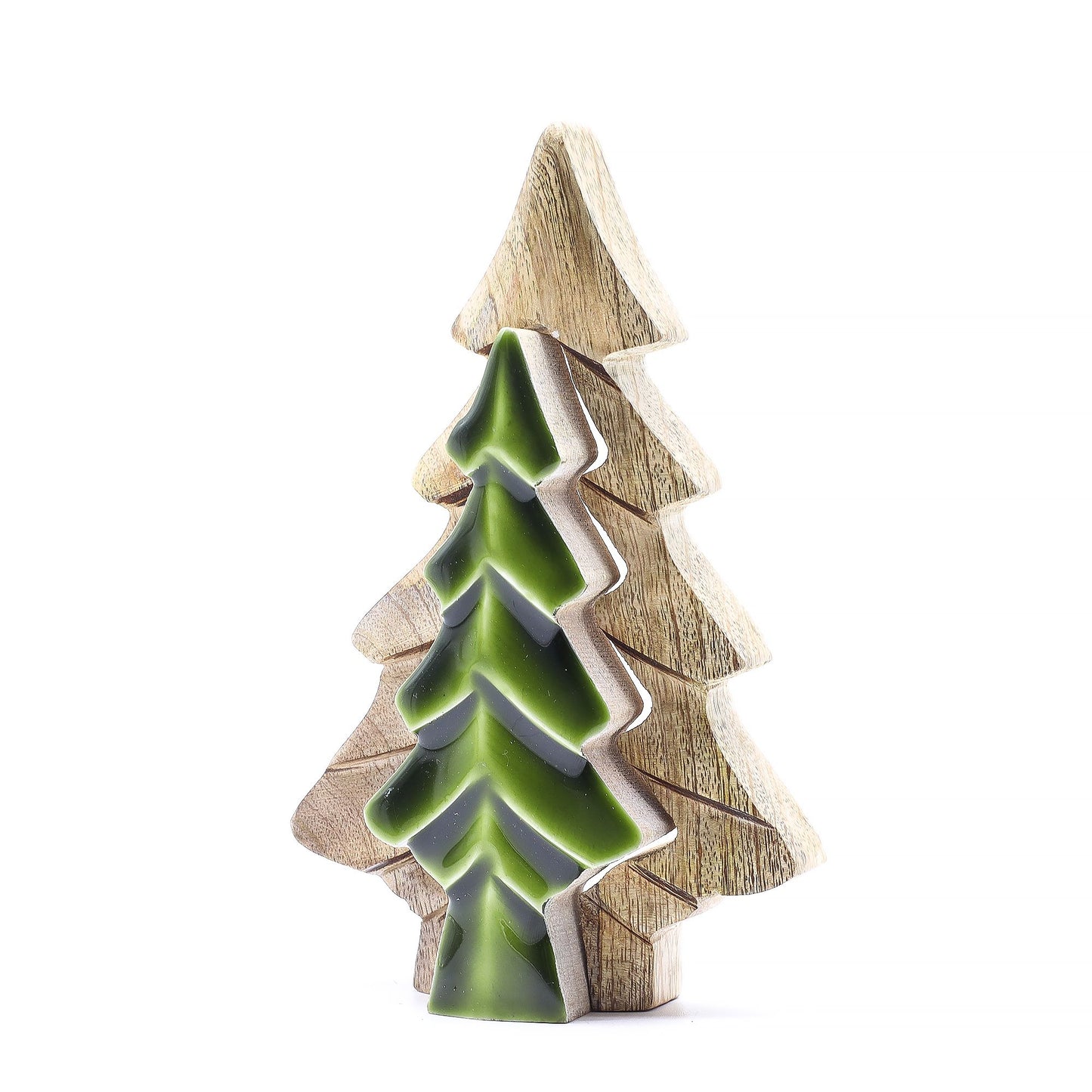 Decorative Christmas tree ornament with green top and wooden base on a white background