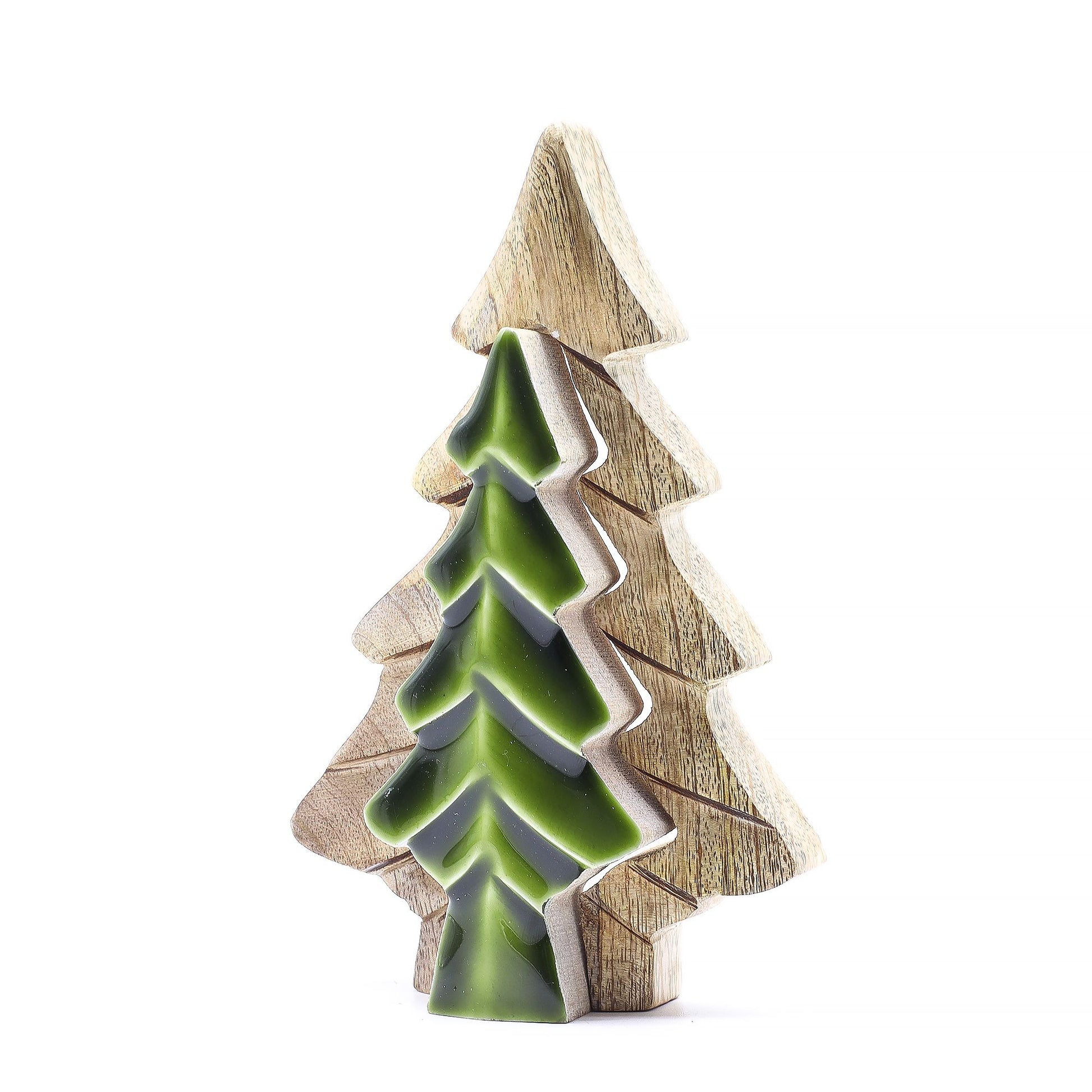 Decorative Christmas tree ornament with green top and wooden base on a white background