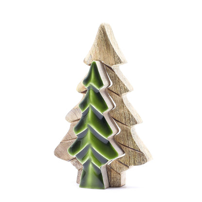 Decorative Christmas tree ornament with green top and wooden base on a white background