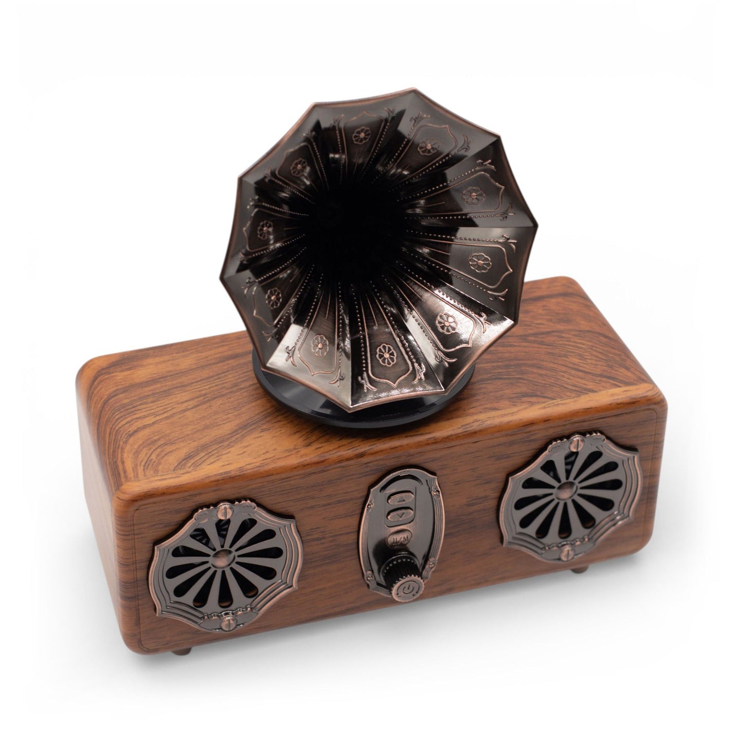 Retro mini double gramophone Bluetooth speaker with twin ornate horns and warm wood-effect cabinet