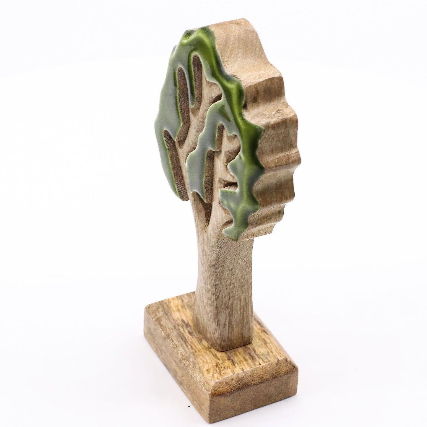 20 cm tall 3D mango wood Christmas tree with deep green enamel branches on wooden base, styled on shelf with fairy lights and pine cones