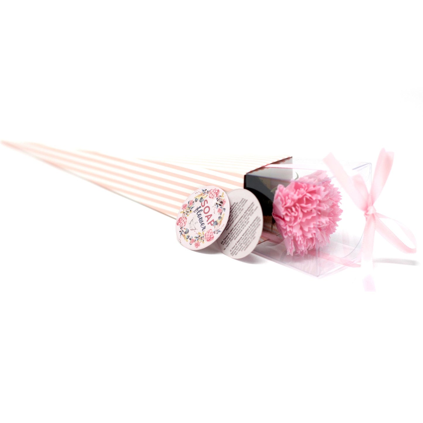 Ready to Retail Carnation Soap Flower in elegant individual gift wrap, realistic pink carnation with delicate petals