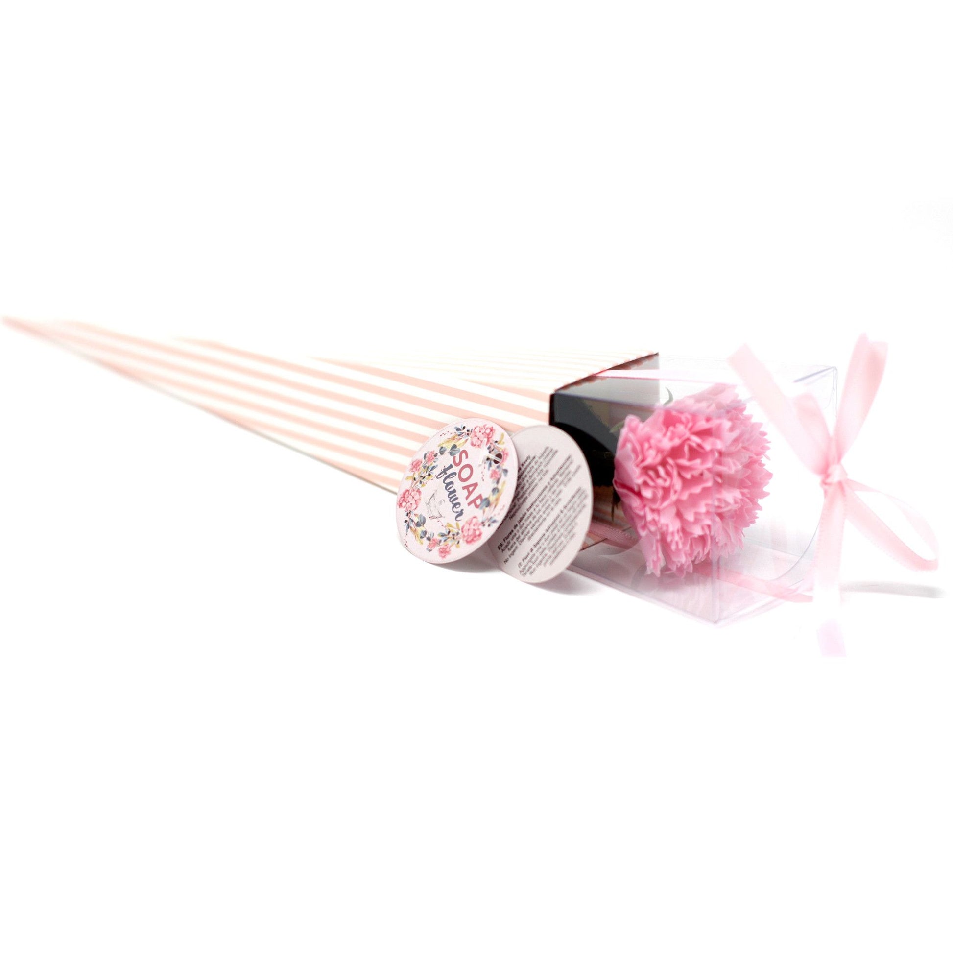 Ready to Retail Carnation Soap Flower in elegant individual gift wrap, realistic pink carnation with delicate petals
