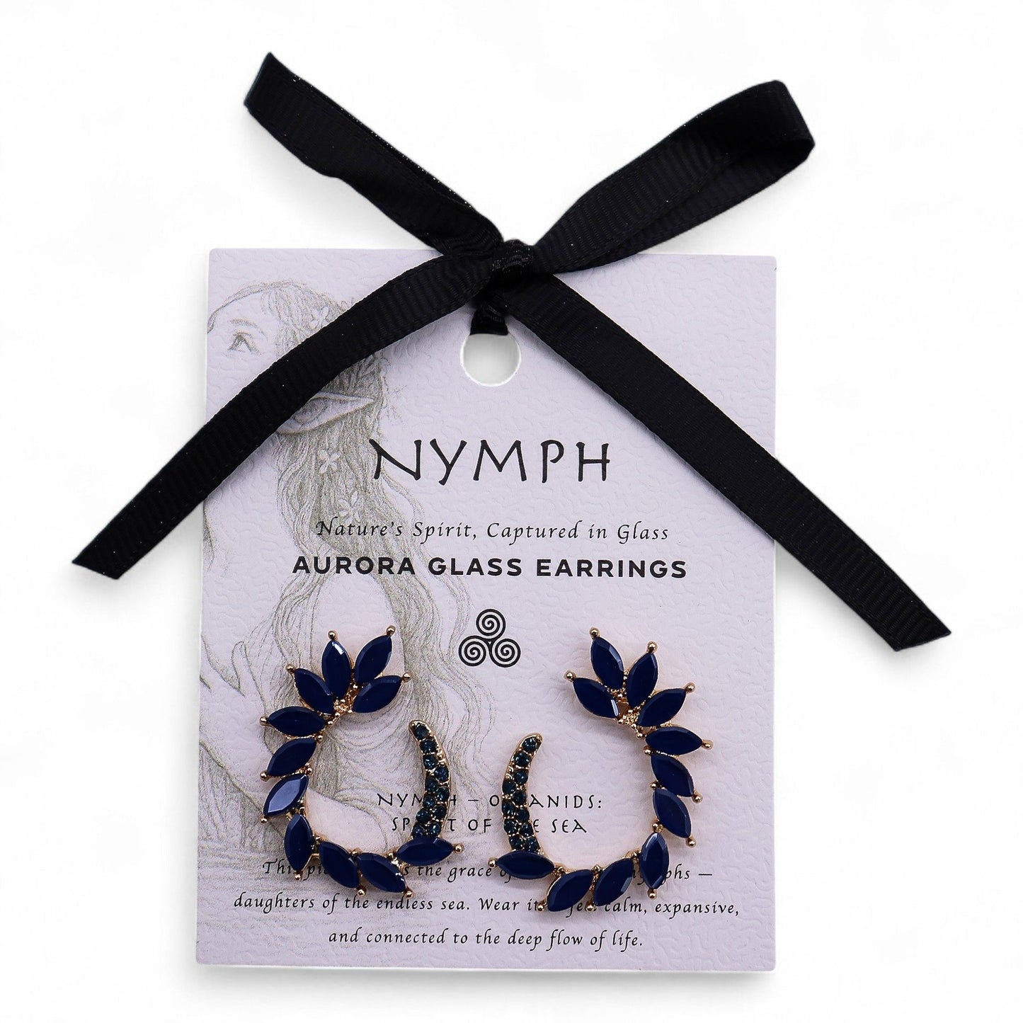 Aurora glass earrings on a Nymph branded card with a black ribbon