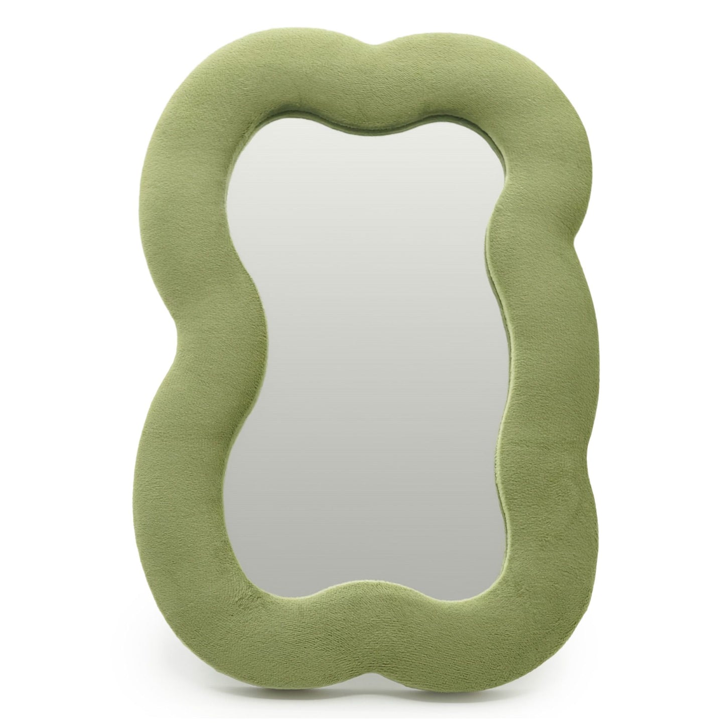 Soft squiggly large cloud mirror in earthy moss green velvet frame with organic curved silhouette