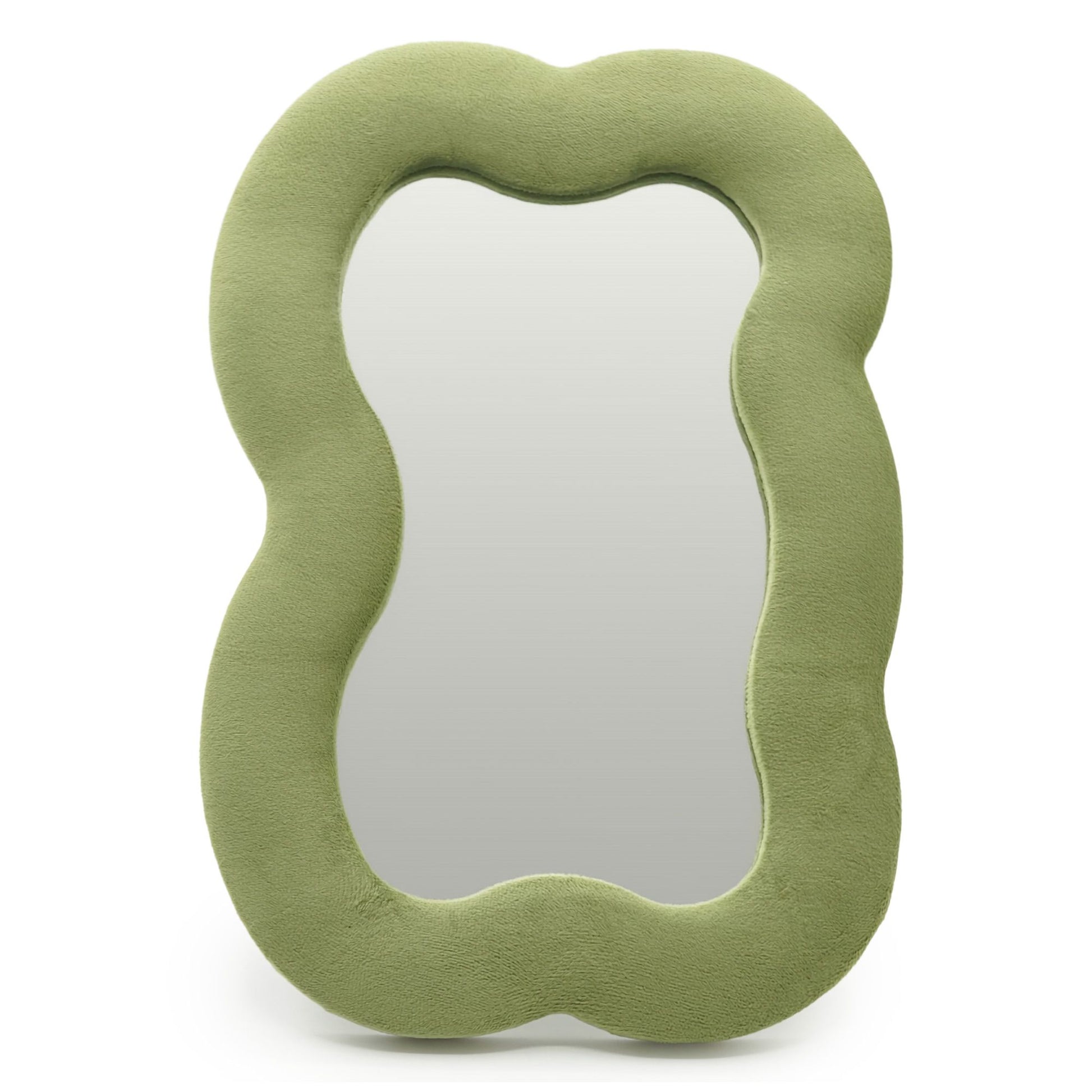 Soft squiggly large cloud mirror in earthy moss green velvet frame with organic curved silhouette