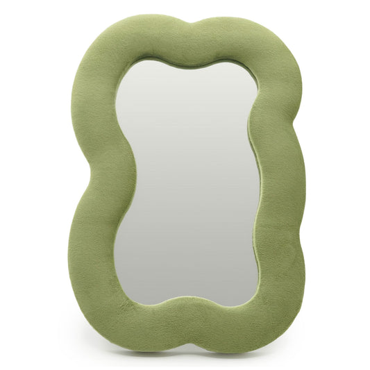 Soft squiggly large cloud mirror in earthy moss green velvet frame with organic curved silhouette