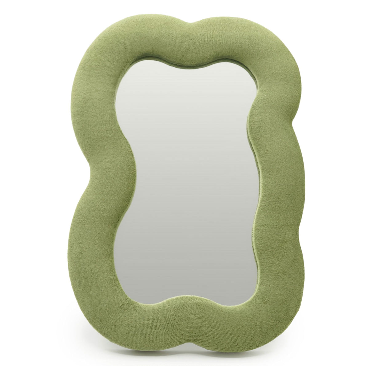 Soft squiggly large cloud mirror in earthy moss green velvet frame with organic curved silhouette