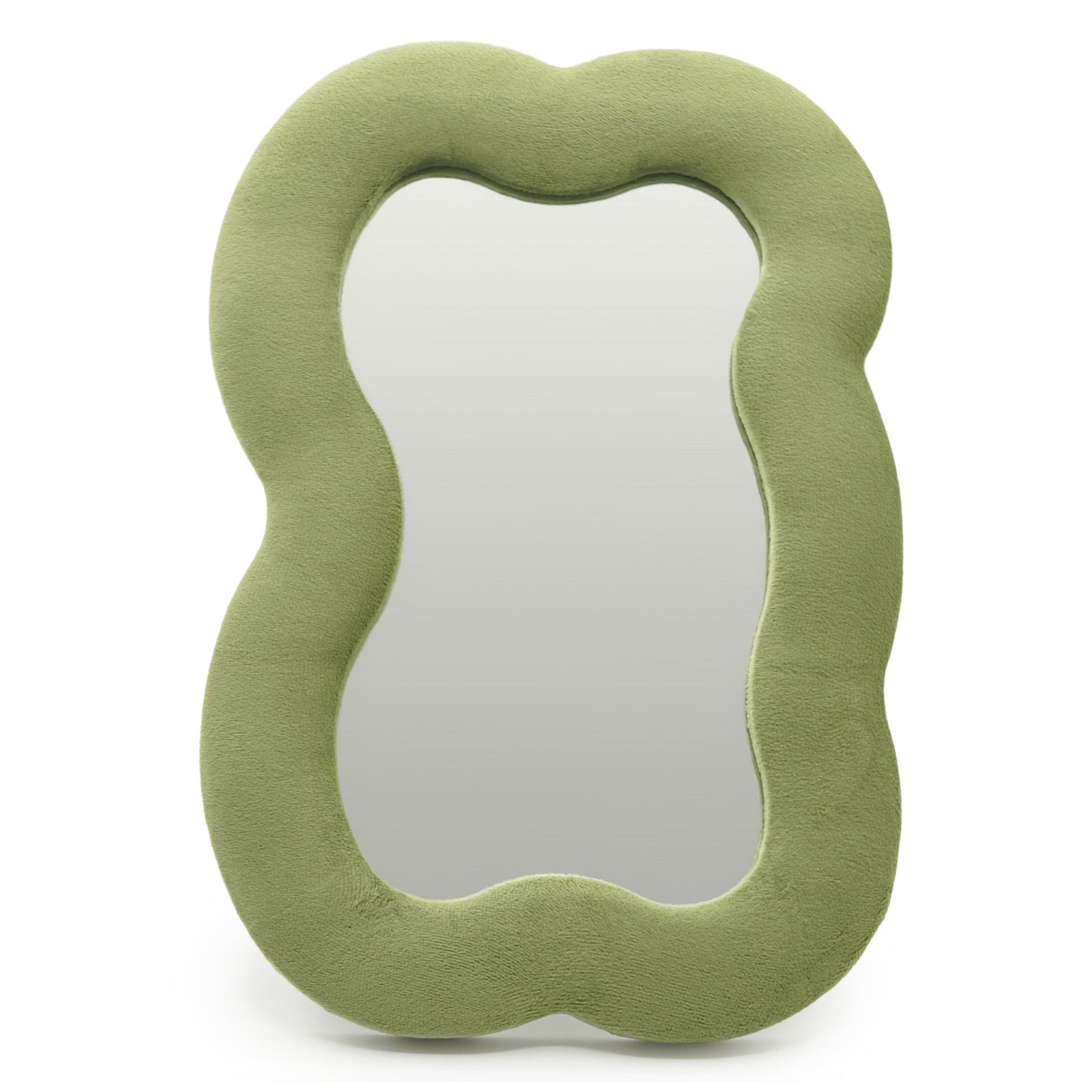 Soft squiggly large cloud mirror in earthy moss green velvet frame with organic curved silhouette