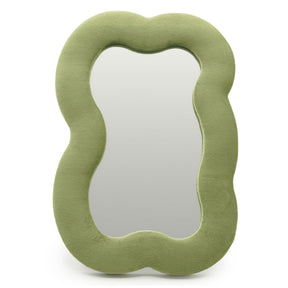 Soft squiggly large cloud mirror in earthy moss green velvet frame with organic curved silhouette