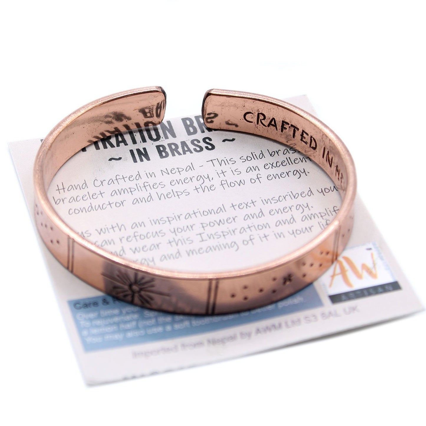 Hand-hammered brass galaxy cuff from Nepal with secret inner mantra (Dream Big, Reach For The Stars & more). Stars & Earth design outside. Fair-trade, adjustable, gift-ready with story card