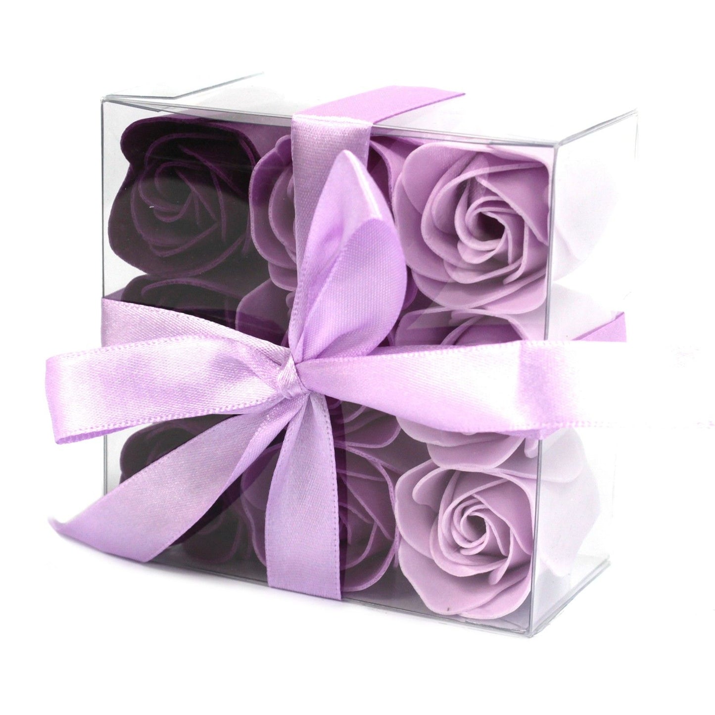 Set of 9 luxury purple rose soap flowers with realistic petal details, artistically arranged in elegant gift packaging, ready for bath use or decorative display