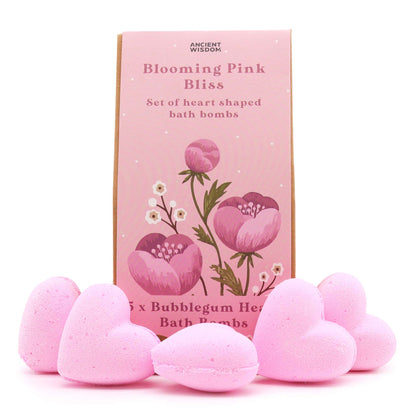 Blooming Pink Bliss Bath Heart Gift Set in beautiful pink box with 5 pink heart-shaped bath bombs