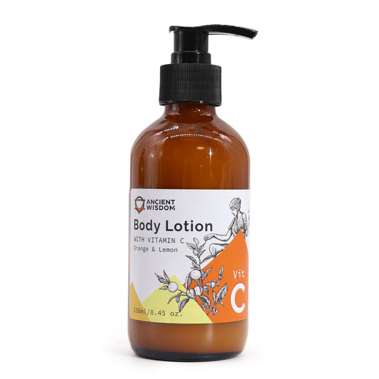 Amber pump bottle of Vitamin C Goddess’s Body Lotion 