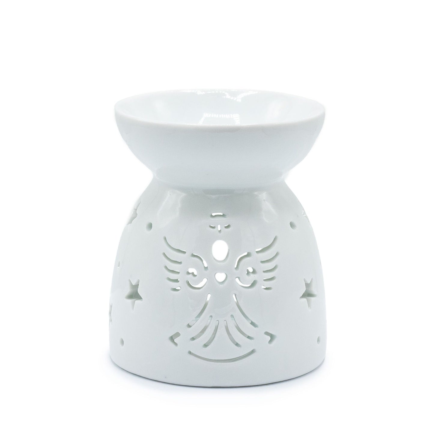White ceramic oil burner with angel design on a white background