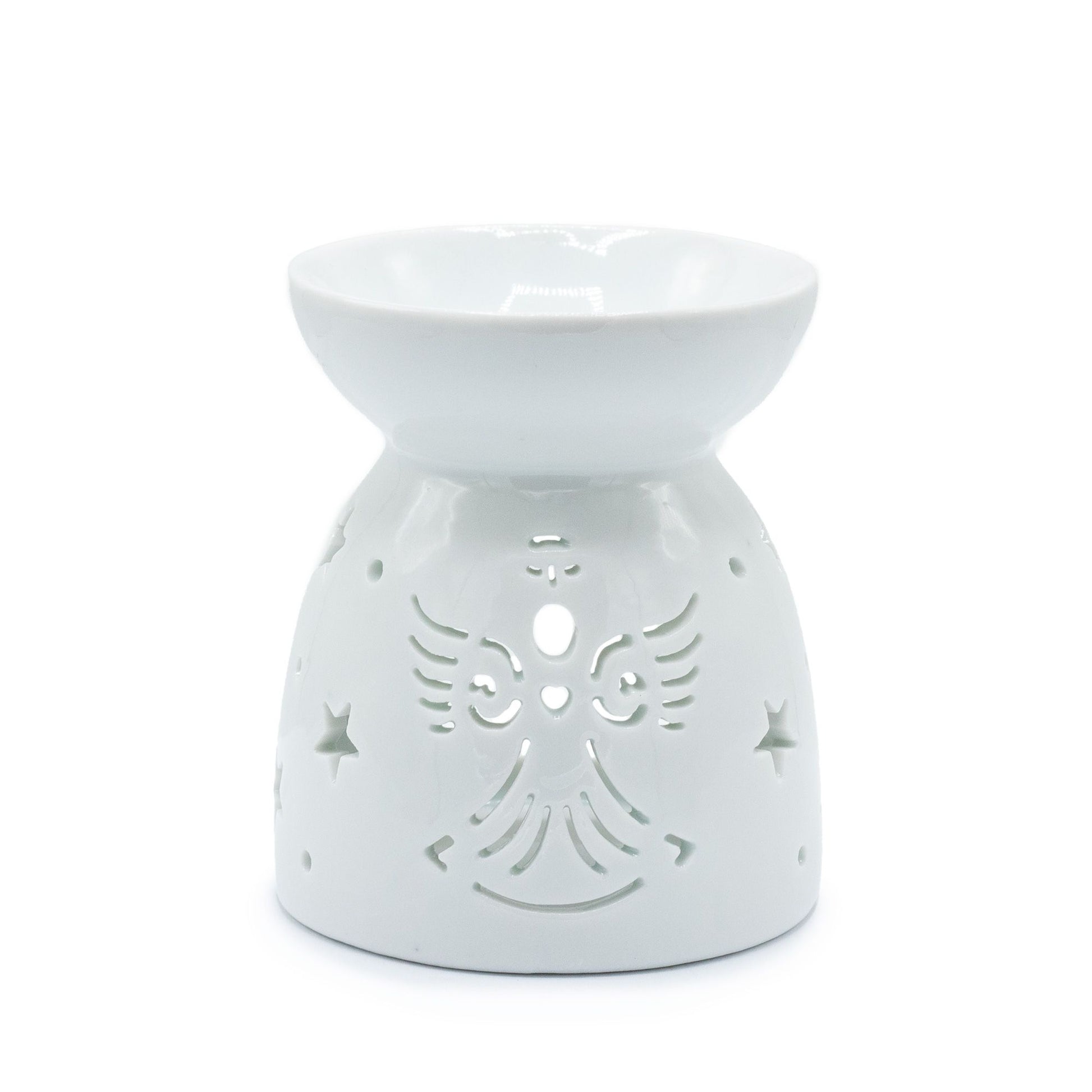 White ceramic oil burner with angel design on a white background