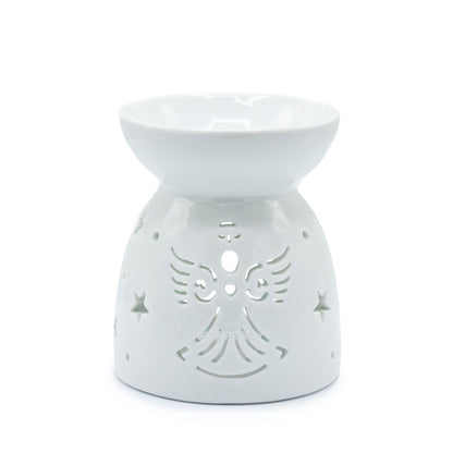 White ceramic oil burner with angel design on a white background