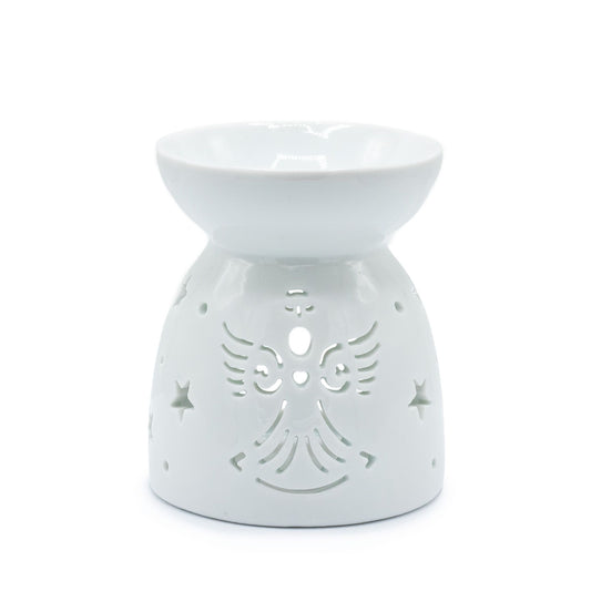 White ceramic oil burner with angel design on a white background