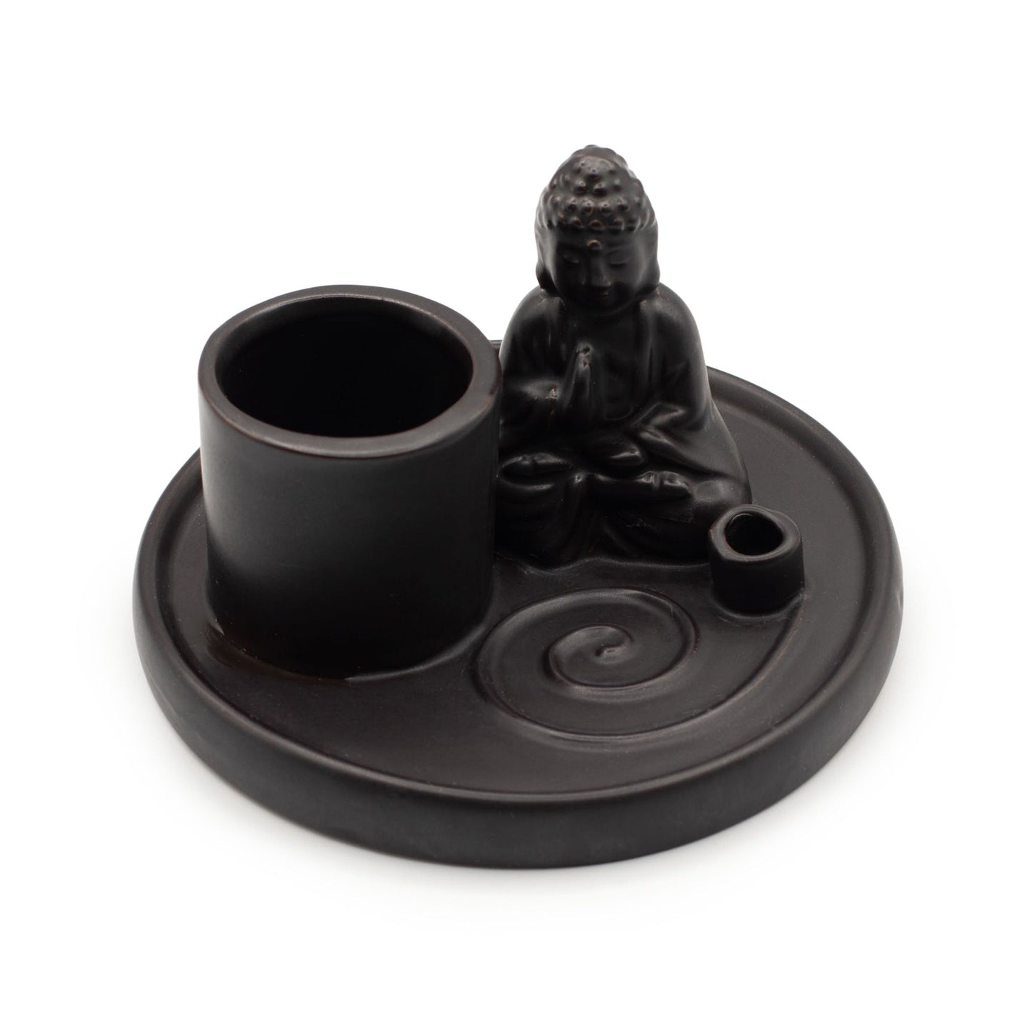 Matt black ceramic Buddha incense plate with seated prayer pose Buddha, integrated holders for incense sticks & cones, ash-catching base