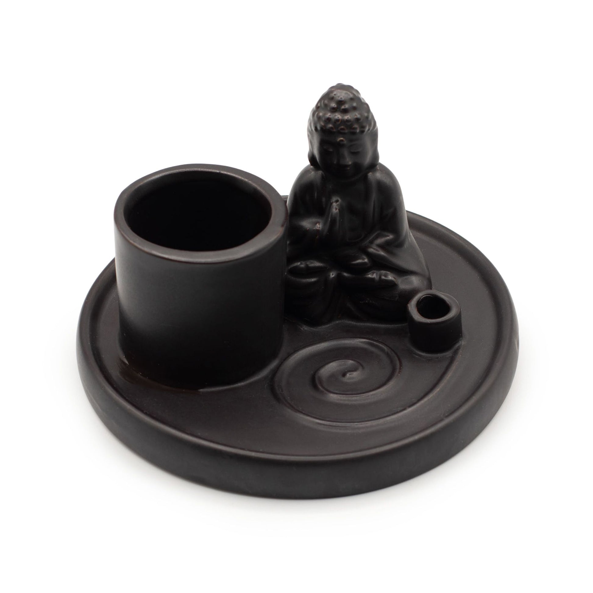Matt black ceramic Buddha incense plate with seated prayer pose Buddha, integrated holders for incense sticks & cones, ash-catching base