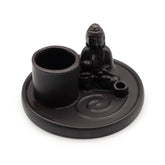 Matt black ceramic Buddha incense plate with seated prayer pose Buddha, integrated holders for incense sticks & cones, ash-catching base