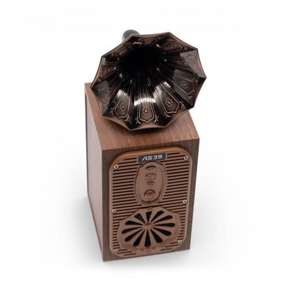 Tall retro gramophone Bluetooth speaker with ornate horn design and warm wood-effect body