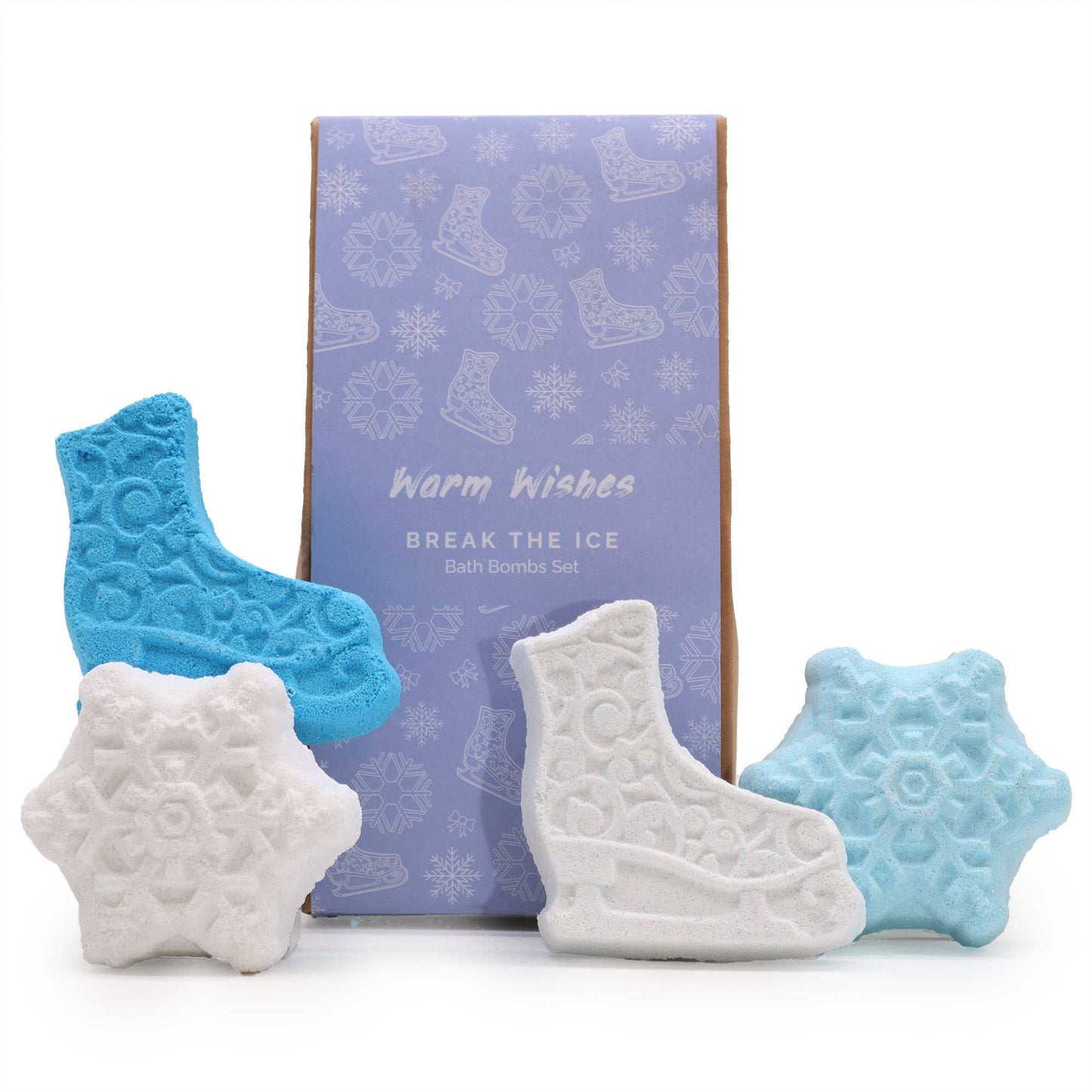Break the Ice Christmas bath bomb gift pack with white snowflake and blue ice skate bath bombs in festive kraft box