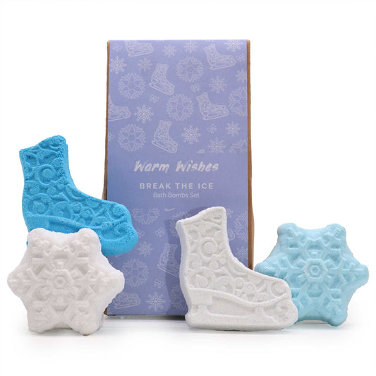 Break the Ice Christmas bath bomb gift pack with white snowflake and blue ice skate bath bombs in festive kraft box