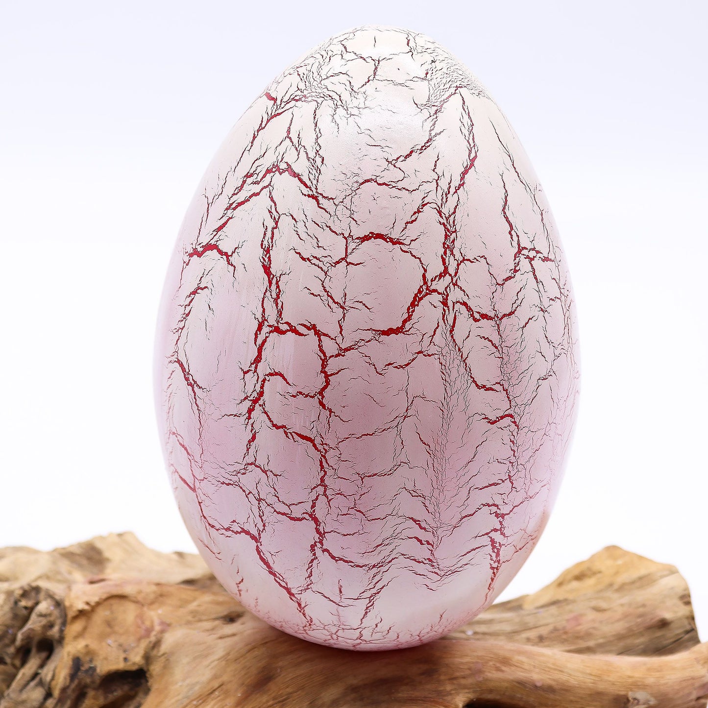 Vivid orange crackle egg shade glowing like molten fire atop twisted driftwood base
