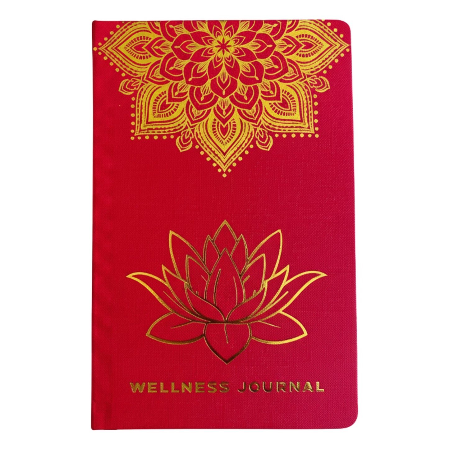 Red wellness journal with gold mandala and lotus design