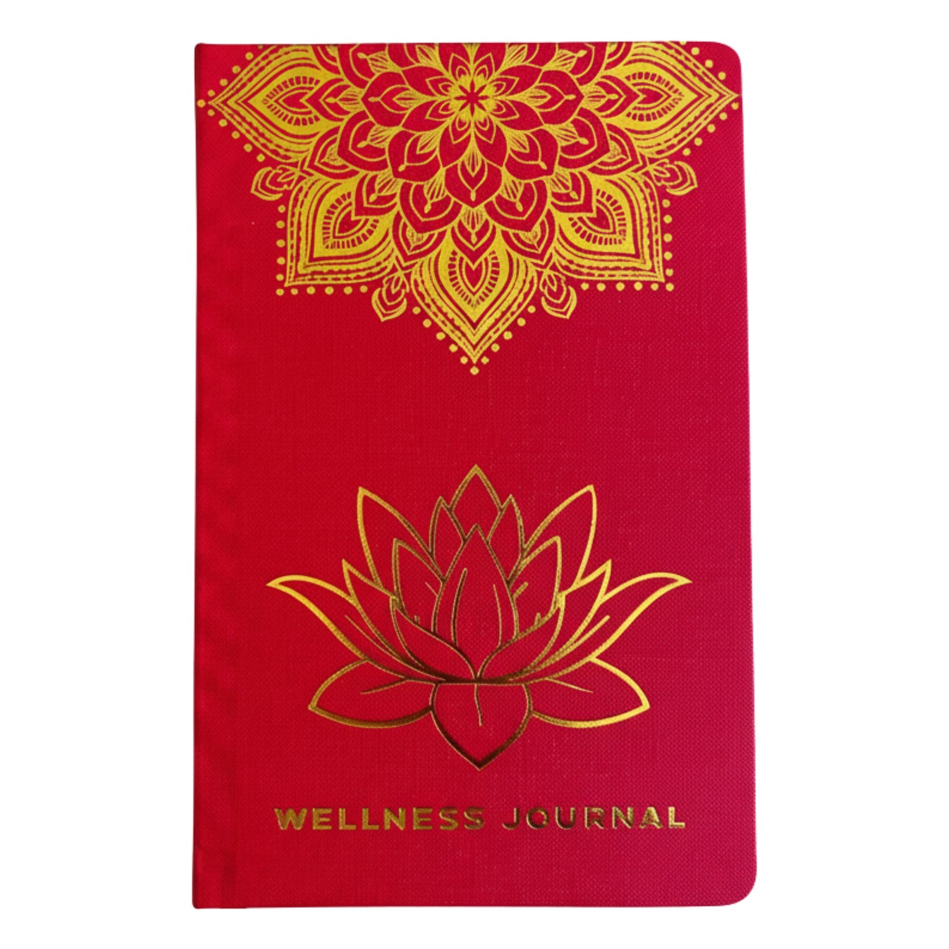 Red wellness journal with gold mandala and lotus design