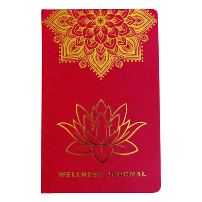 Red wellness journal with gold mandala and lotus design