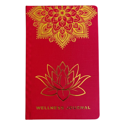 Red wellness journal with gold mandala and lotus design