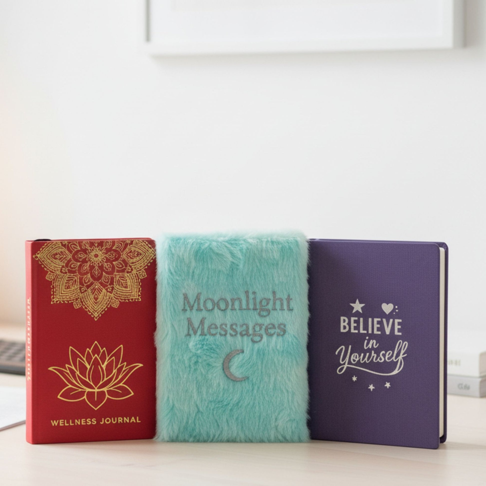 Three journals with different designs and text on a white surface