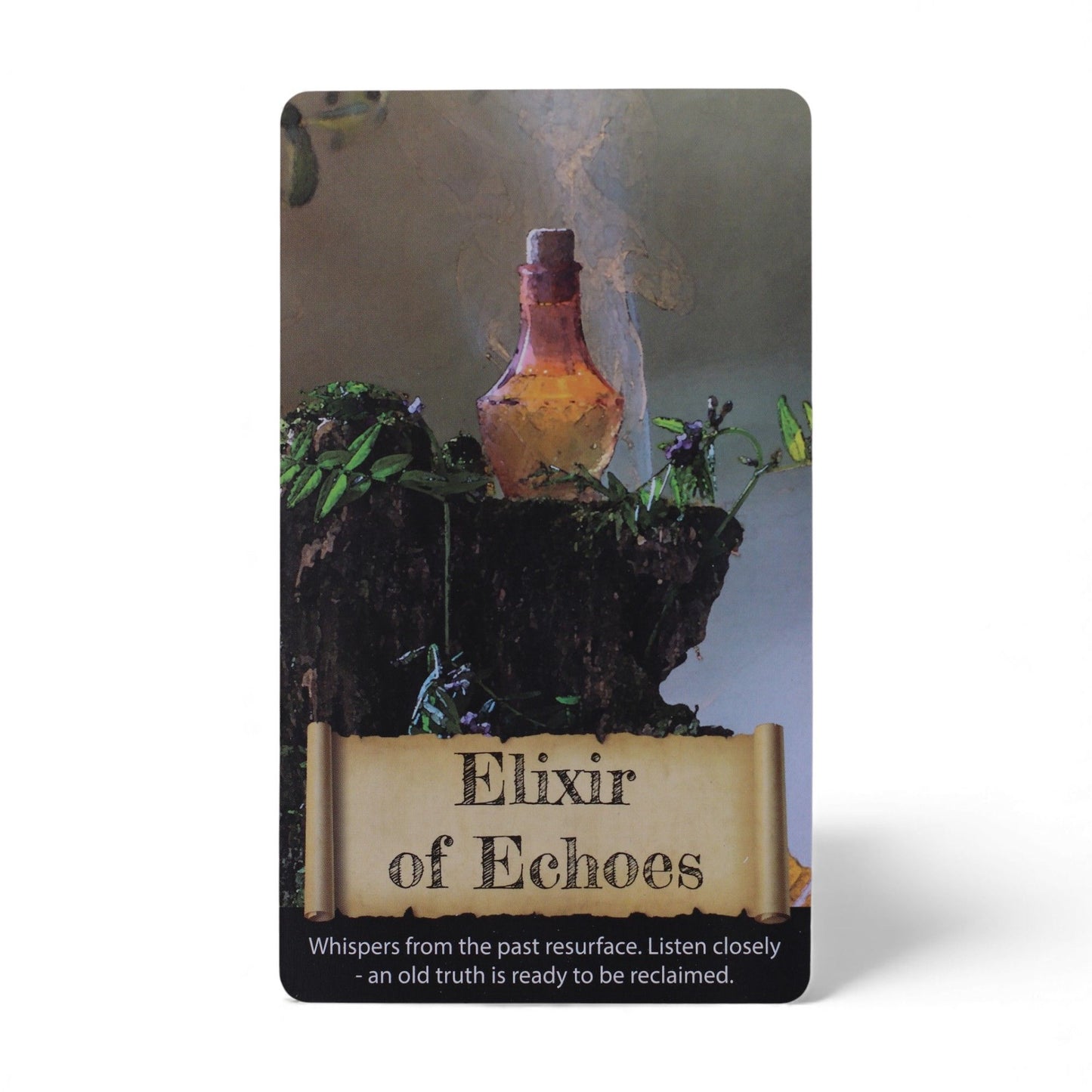 Card featuring an elixir bottle with plants and a scroll labeled 'Elixir of Echoes' on a white background.