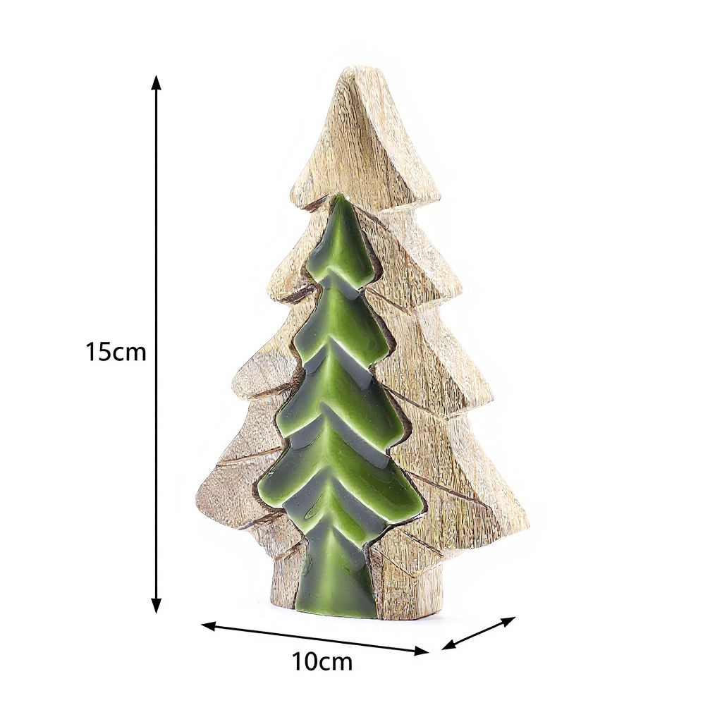Decorative wooden Christmas tree with green ceramic panels, showing dimensions on a white background.