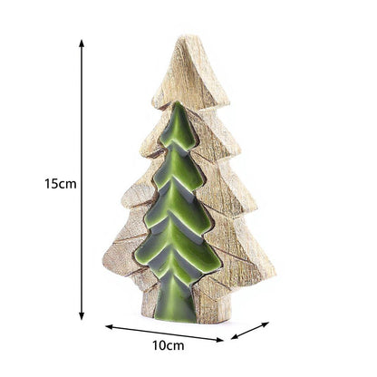 Decorative wooden Christmas tree with green ceramic panels, showing dimensions on a white background.