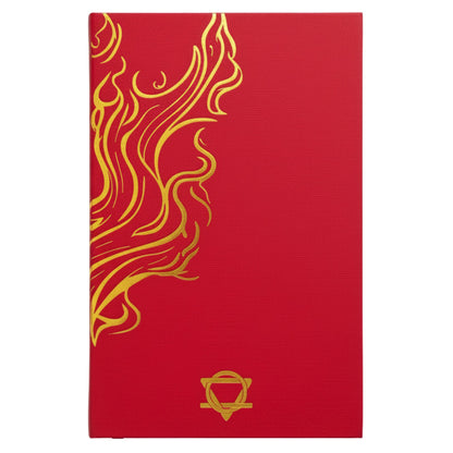 Red book with gold flame design
