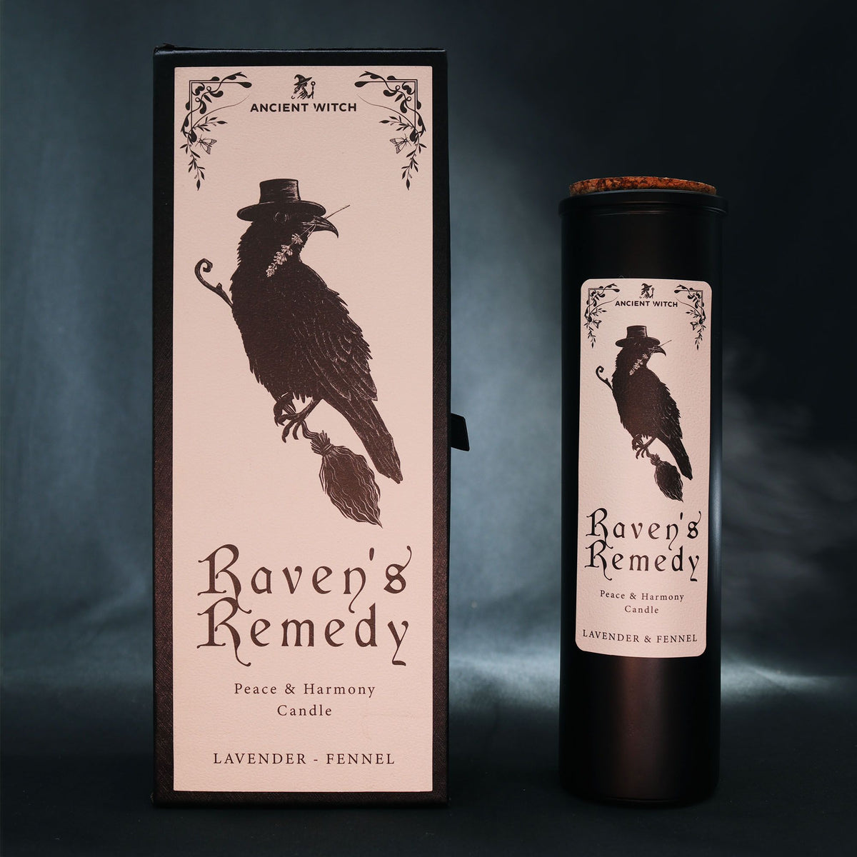 Black matte glass Raven’s Remedy candle burning with purple flame, surrounded by raven feathers, dried lavender, fennel seeds and a spell card on dark velvet