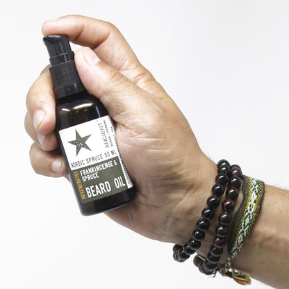 Hand holding a bottle of beard oil with a white background