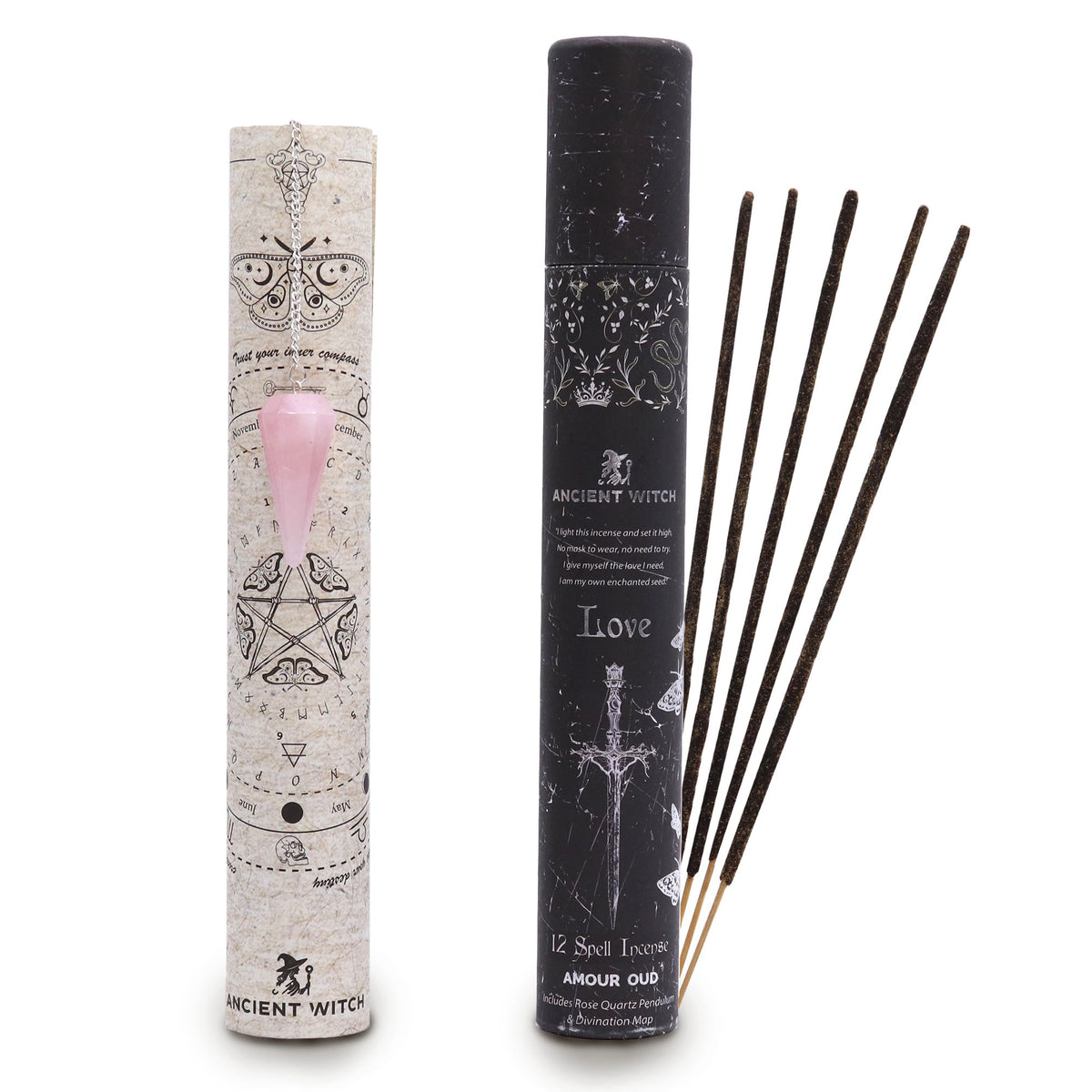 Incense sticks and pendulum with packaging labeled 'Ancient Witch' on a white background