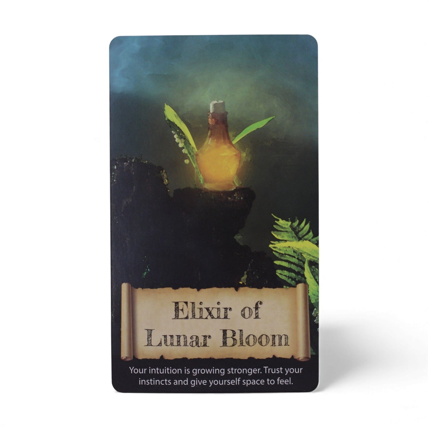 Card titled 'Elixir of Lunar Bloom' with a mystical design