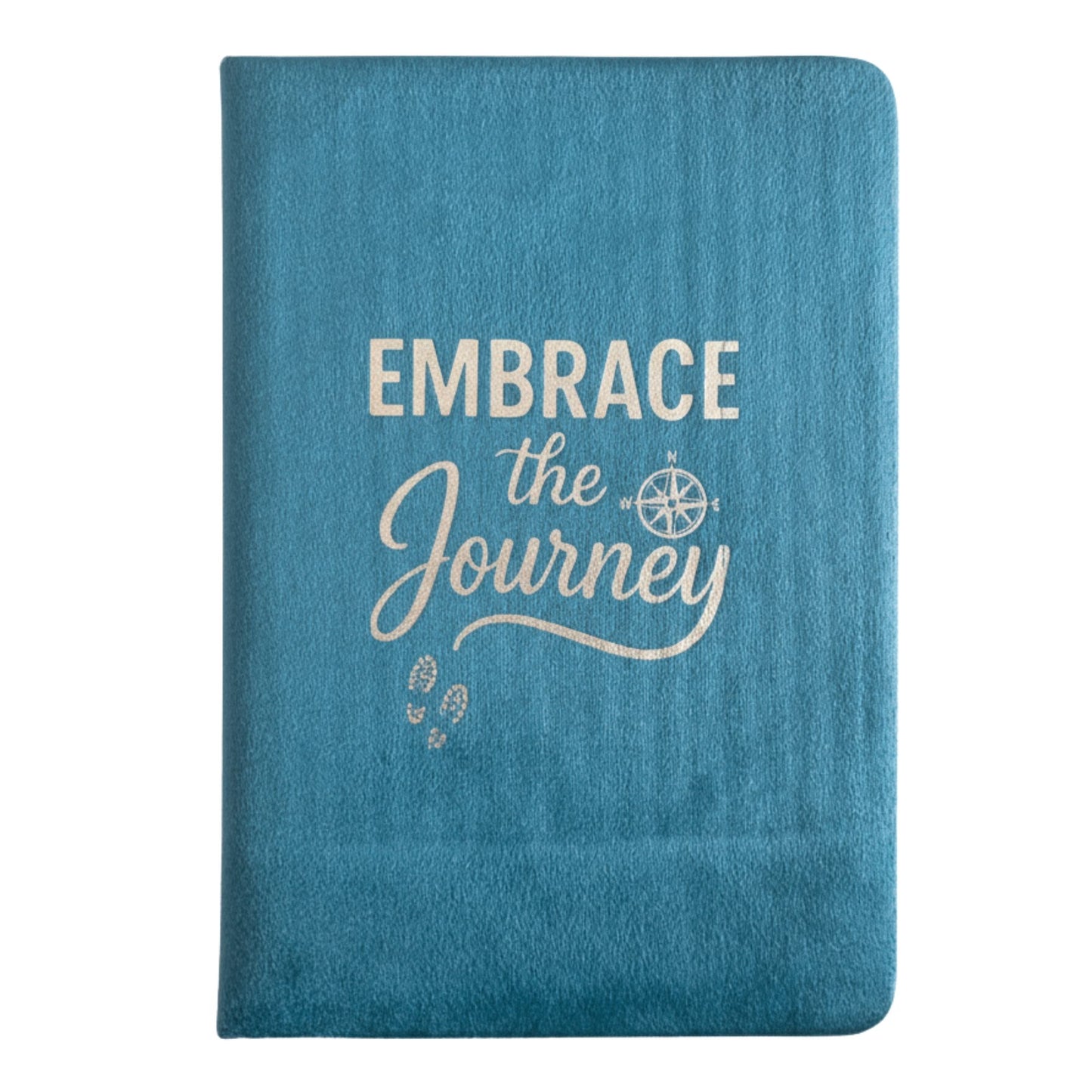 Plush light-blue velvet notebook with shimmering silver “Embrace The Journey” script
