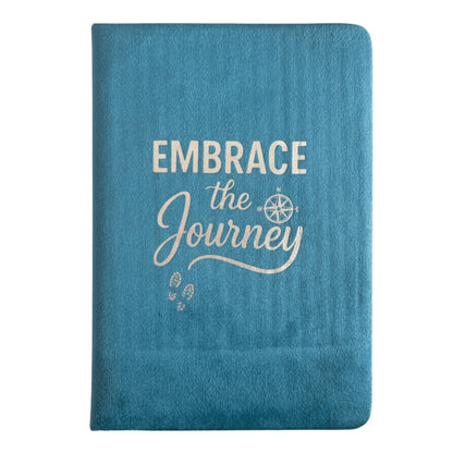 Plush light-blue velvet notebook with shimmering silver “Embrace The Journey” script