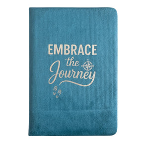 Plush light-blue velvet notebook with shimmering silver “Embrace The Journey” script